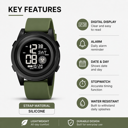Rugged Digital Sports Wristwatch with Flexible Strap for men