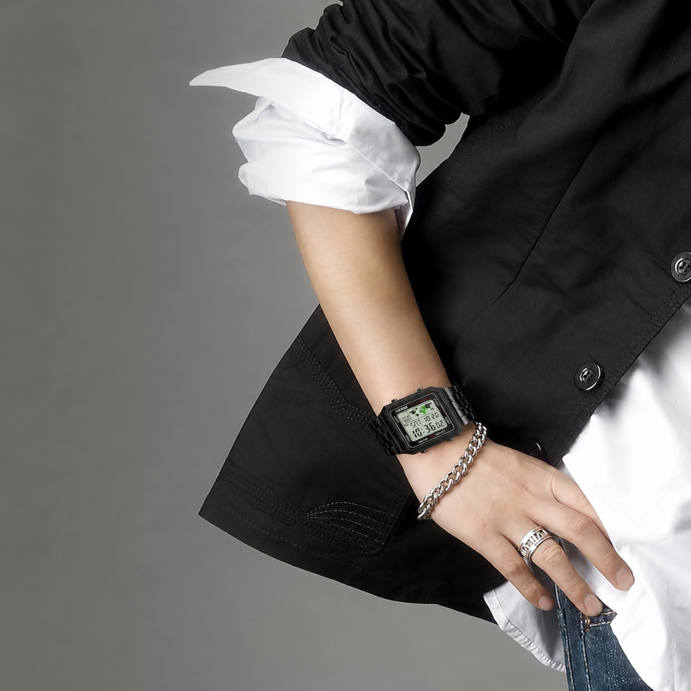 Vintage Digital Wrist Watch with Metal Strap and World Time Display For Men