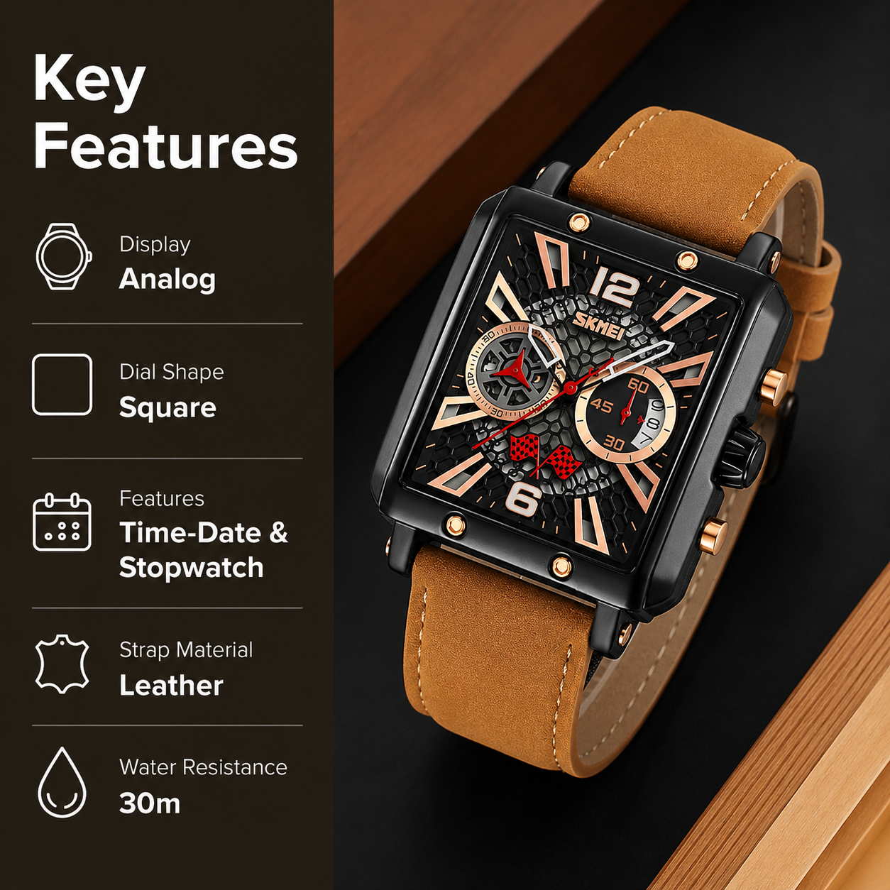 Square Dial Analog Wrist Watch for men