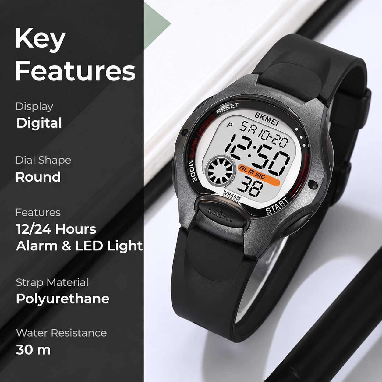 Digital Watch for Kids with Black Silicone Strap and Round Dial for Casual & Formal Wear
