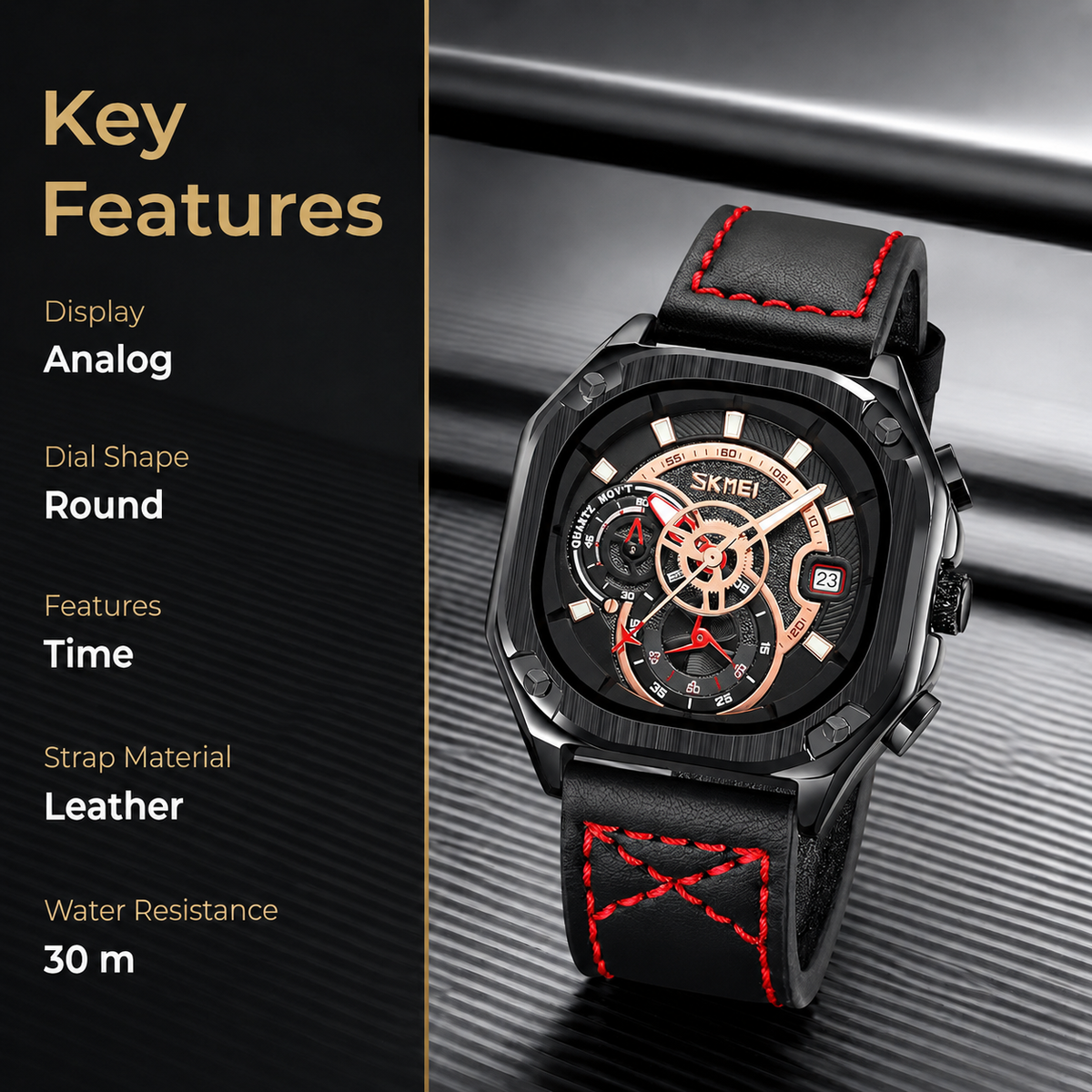 Analog Watch for Men with Black Leather Strap and Round Dial for Casual & Formal Wear