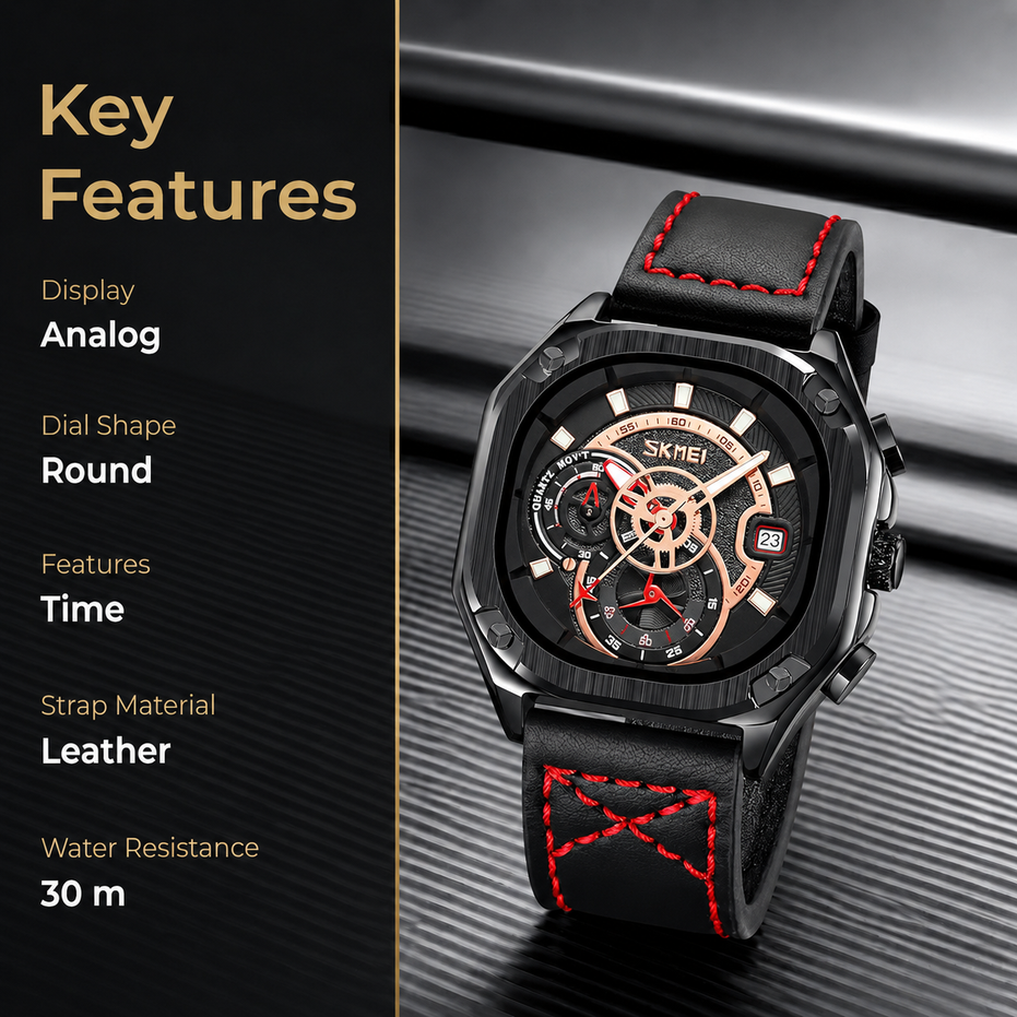 Analog Watch for Men with Black Leather Strap and Round Dial for Casual & Formal Wear