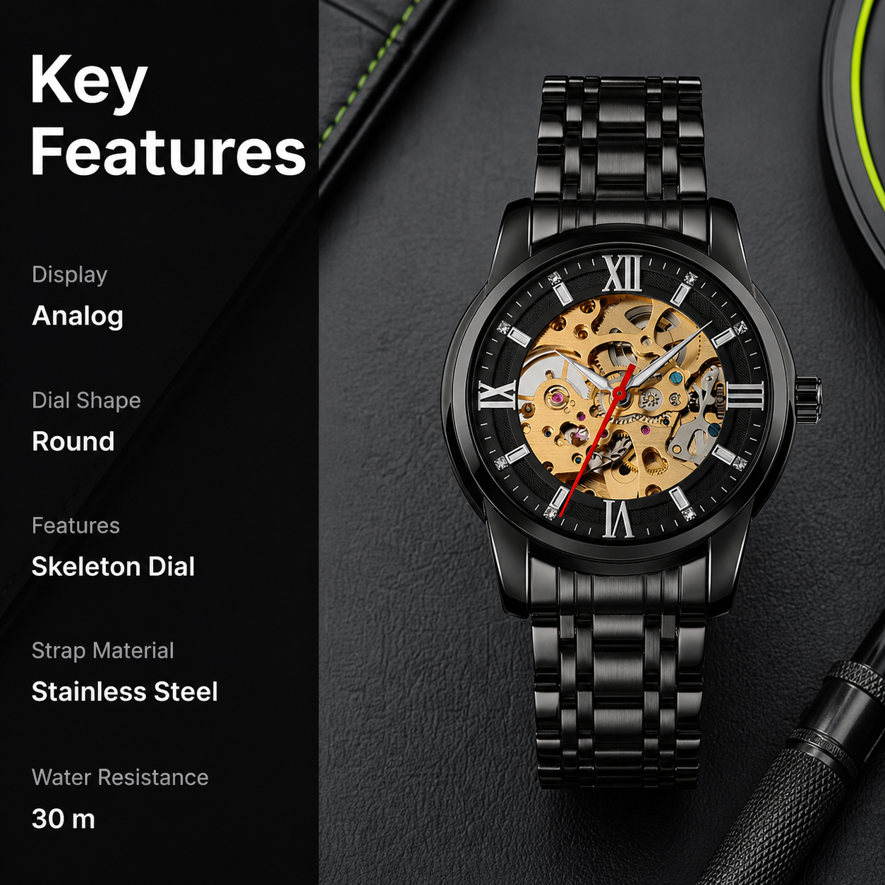 Luxury Skeleton Automatic Watch for Men Black Stainless Steel Strap, Blue Dial with Roman Numerals, Transparent Mechanical Design