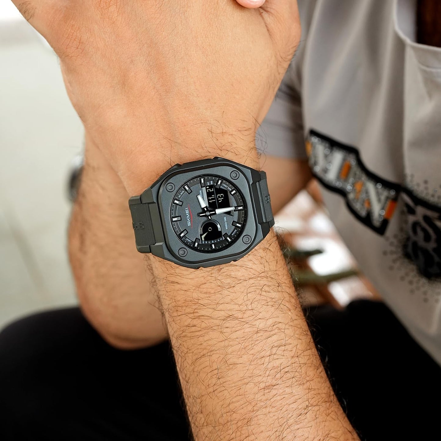 Rugged Analog Digital Sports Watch with Patterned Strap for men