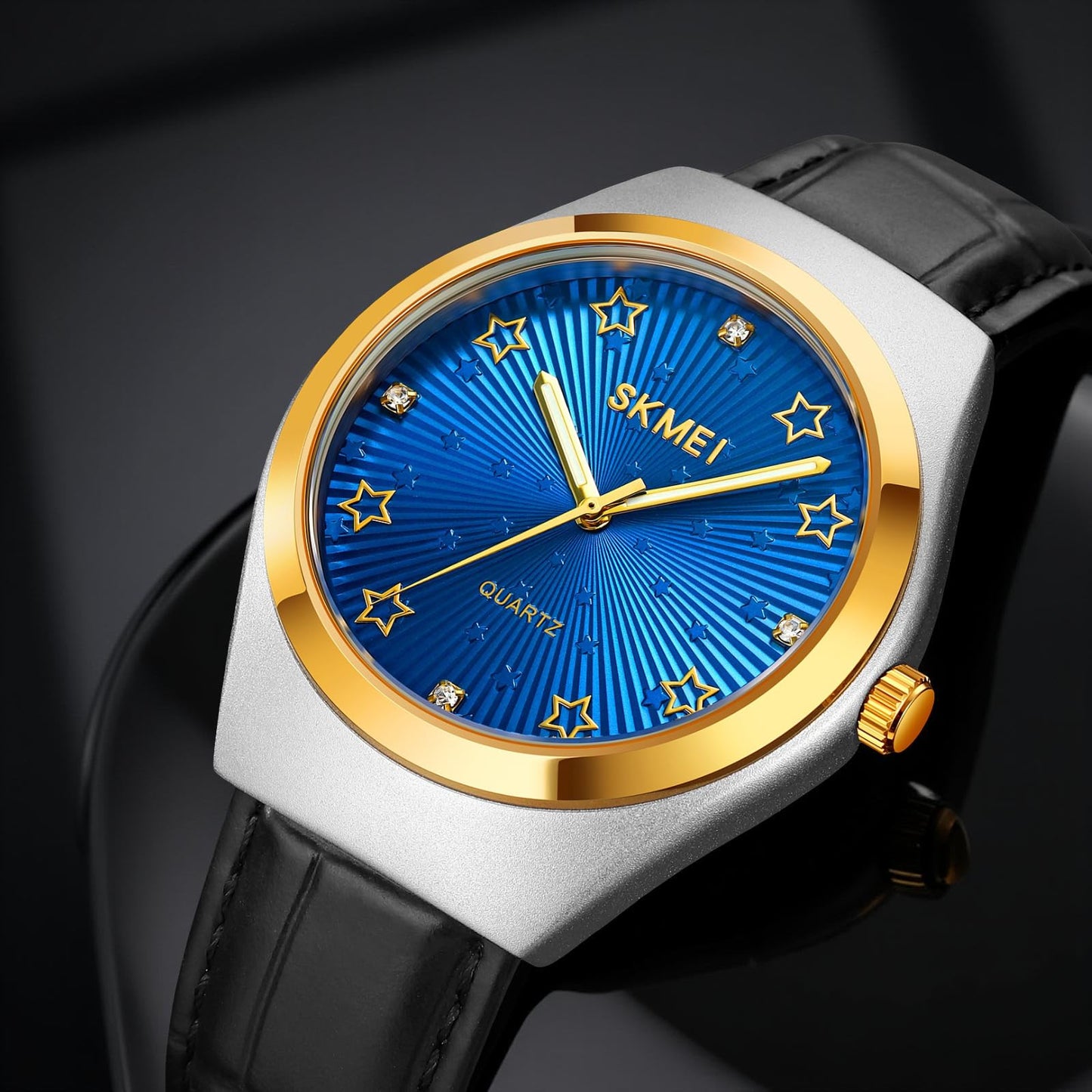 Luxury Celestial Quartz Wristwatch Embossed Leather Band with Crystal Star Dial