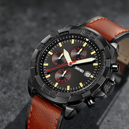 Men Quartz Watch Six Pointer Popular Leather Strap Waterproof Watch