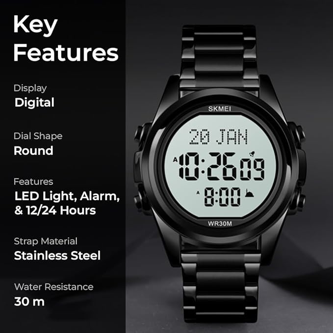Digital Display White Dial Zinc Alloy Men's Stainless Steel Black Color Stylish Watch