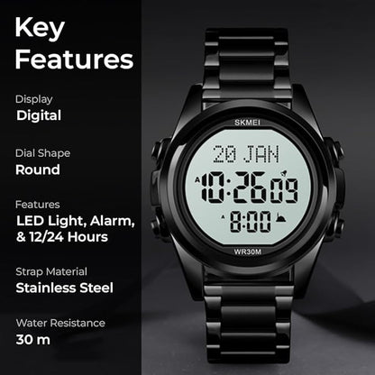 Digital Display White Dial Zinc Alloy Men's Stainless Steel Black Color Stylish Watch