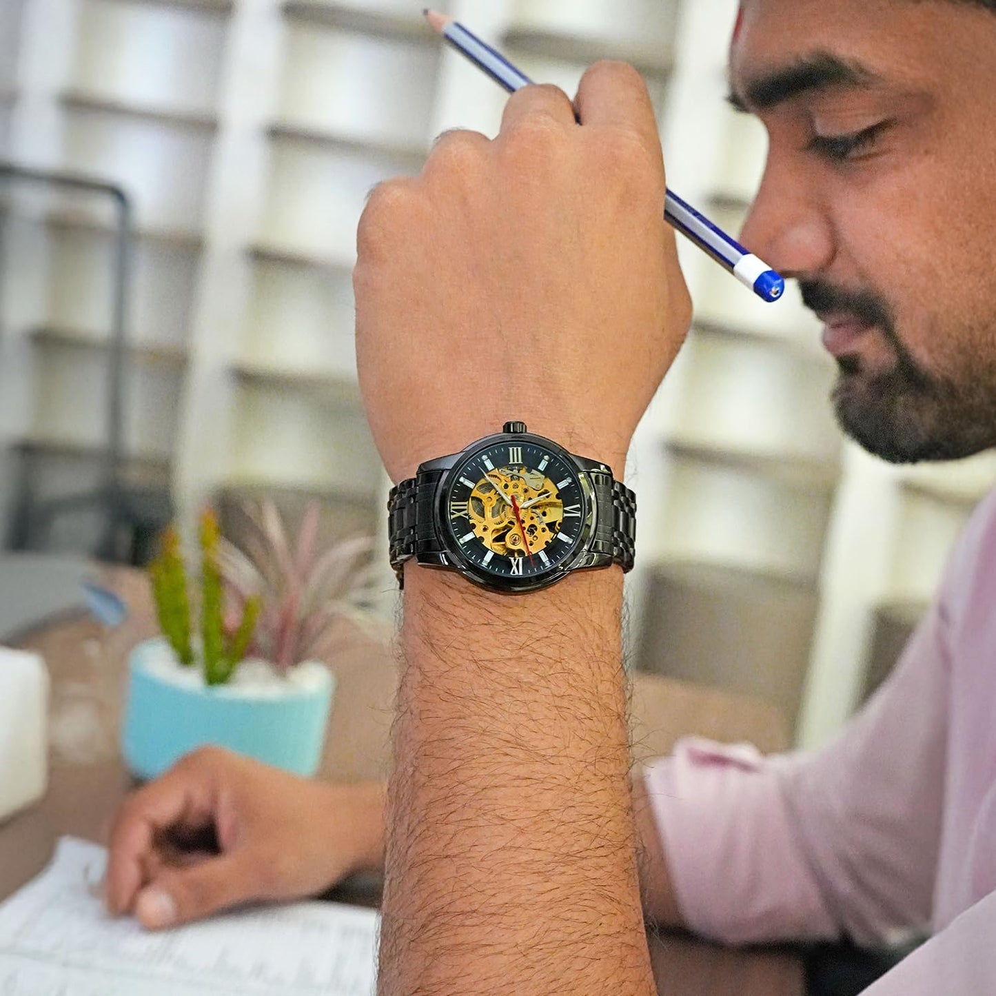 Luxury Skeleton Automatic Watch for Men Black Stainless Steel Strap, Blue Dial with Roman Numerals, Transparent Mechanical Design