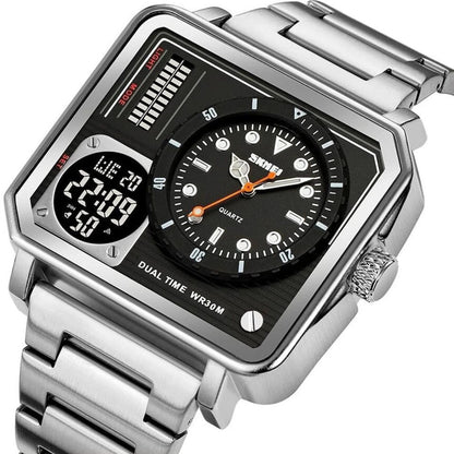 Dual Display Square Dial Wrist Watch with Metal Strap For Men