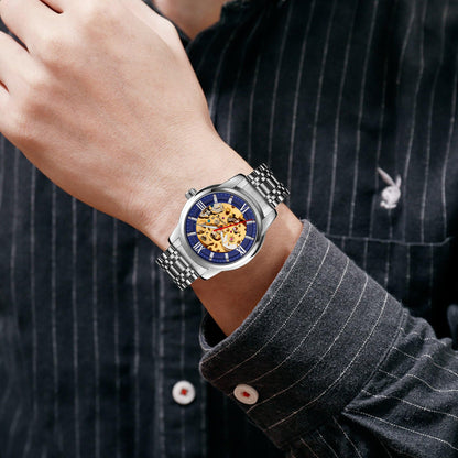 Luxury Skeleton Automatic Watch for Men Black Stainless Steel Strap, Blue Dial with Roman Numerals, Transparent Mechanical Design