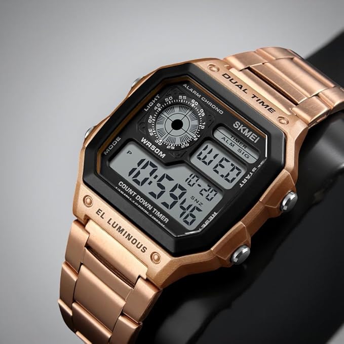Premium Digital Watch for Men with Square Dial Dual Time Alarm Stopwatch and Metal Strap