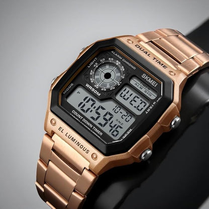 Premium Digital Watch for Men with Square Dial Dual Time Alarm Stopwatch and Metal Strap