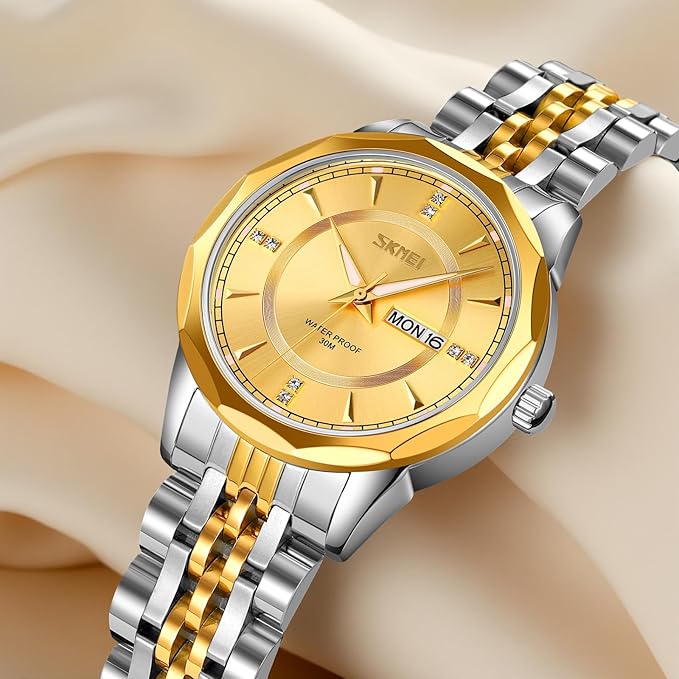 Minimalist Stainless Steel Watch with Date Week Display Simple dial Push-Button Clasp