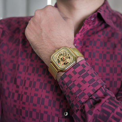 Skeleton Automatic Mechanical Watch for Men with Square Dial and Mesh Strap