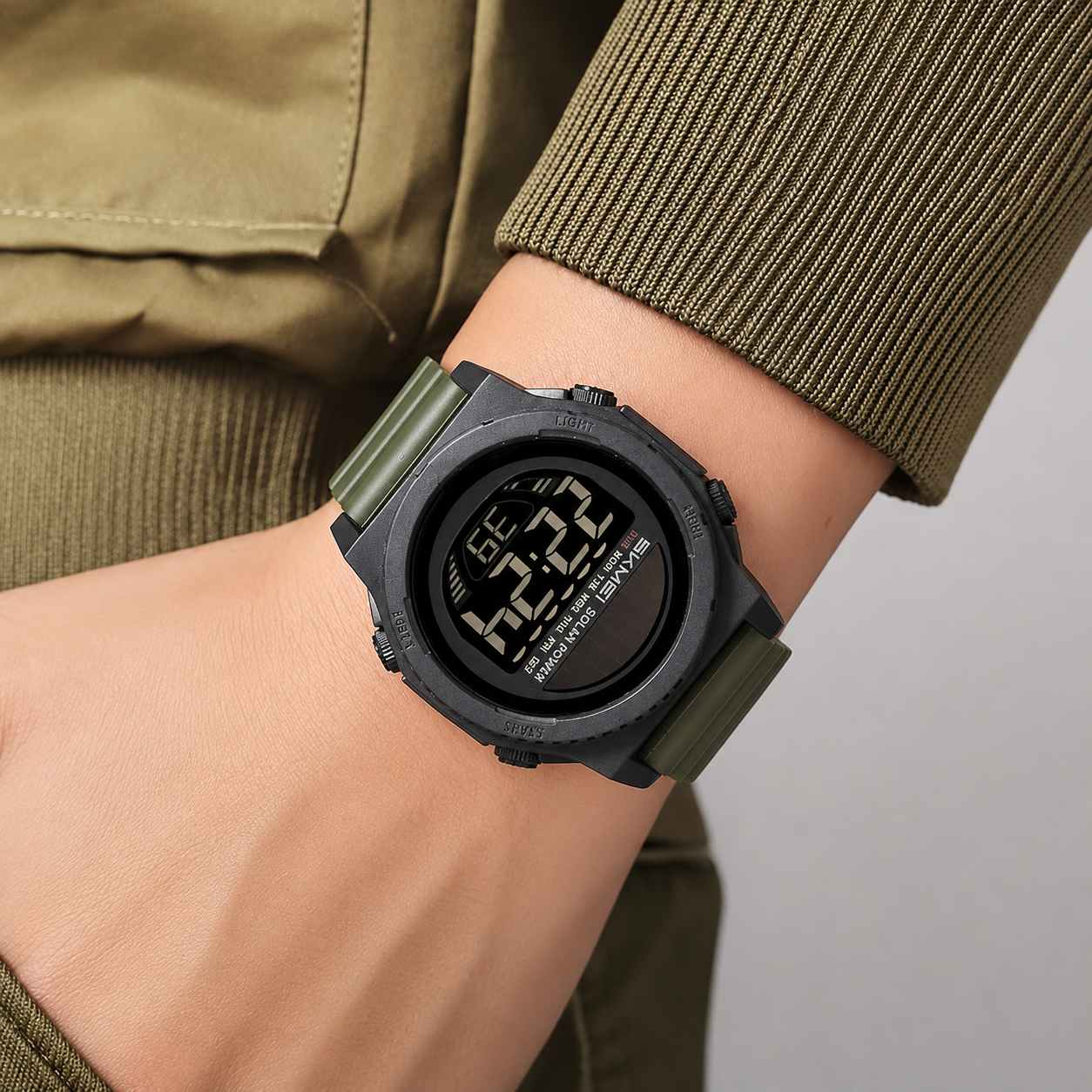 Solar Powered Digital Sports Watch with Silicone Strap for men