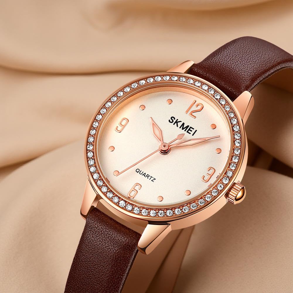 Elegant Women Wristwatch with Sparkling Rhinestone Bezel and Textured Strap