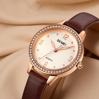 Elegant Women Wristwatch with Sparkling Rhinestone Bezel and Textured Strap