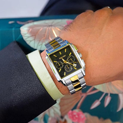 Classic Rectangular Analog Wrist Watch with Date Display and Metal Strap for men