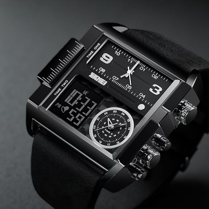 Multi Display Analog Digital Wrist Watch with Leather Strap For Men