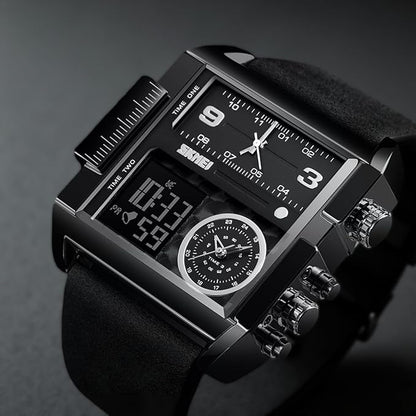 Multi Display Analog Digital Wrist Watch with Leather Strap For Men