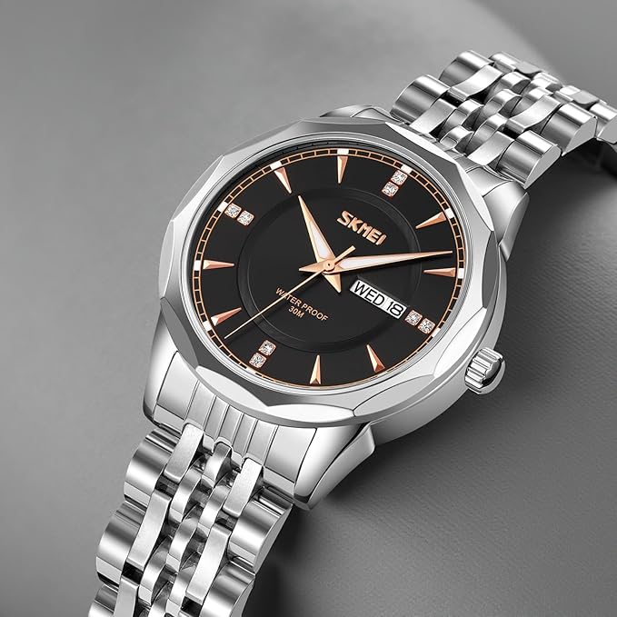 Minimalist Stainless Steel Watch with Date Week Display Simple dial Push-Button Clasp