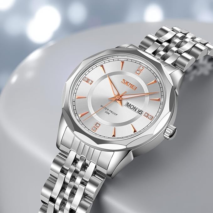 Minimalist Stainless Steel Watch with Date Week Display Simple dial Push-Button Clasp