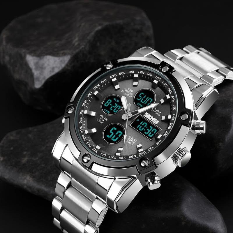 Luxury Analog Digital Stainless Steel Watch for Men with Dual Time Display and Premium Business Style
