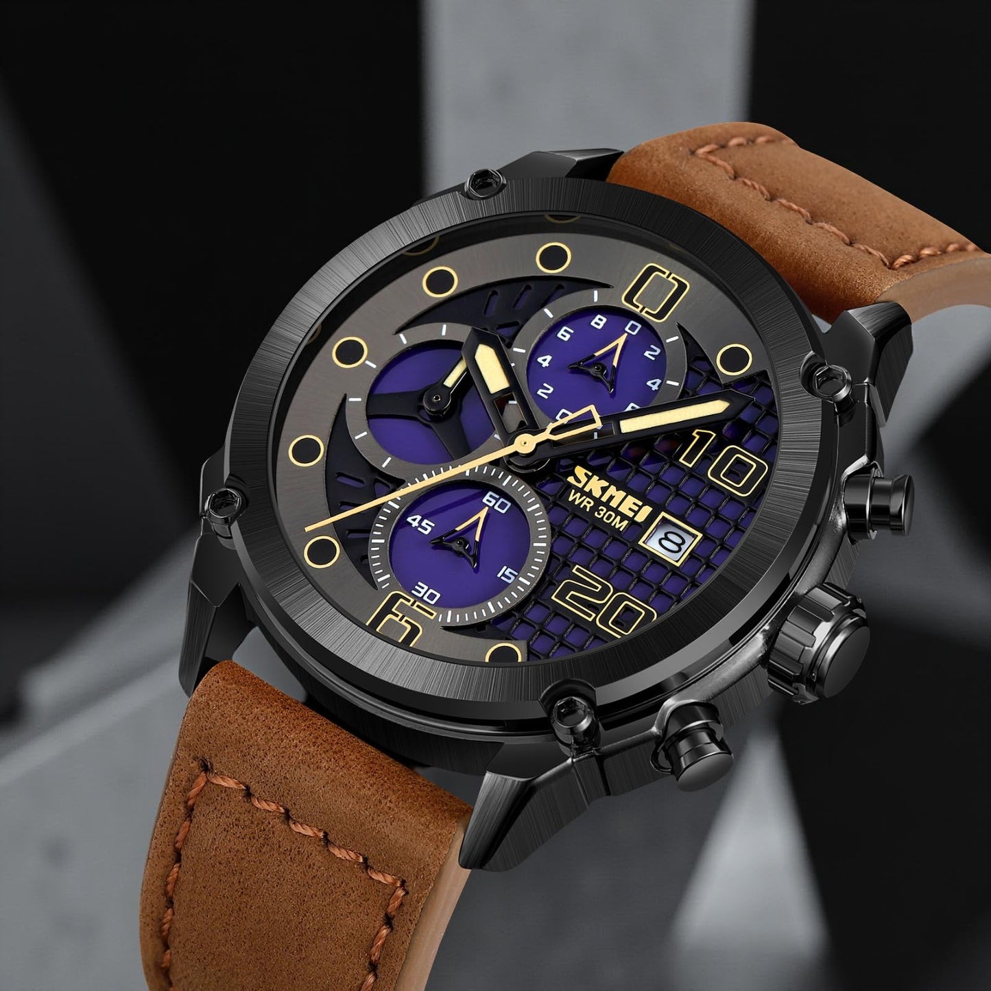 Premium Leather Chronograph Wristwatch with Textured Multi-Dial