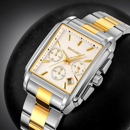 Classic Rectangular Analog Wrist Watch with Date Display and Metal Strap for men