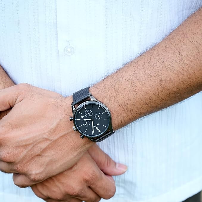 Classic Chronograph Style Analog Watch with Fabric Strap