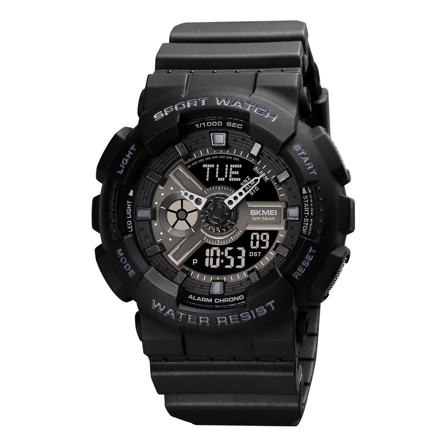Men's Digital Sports Watch, LED Square Large Face Analog Quartz Wrist Watch with Multi-Time Zone Waterproof Stopwatch