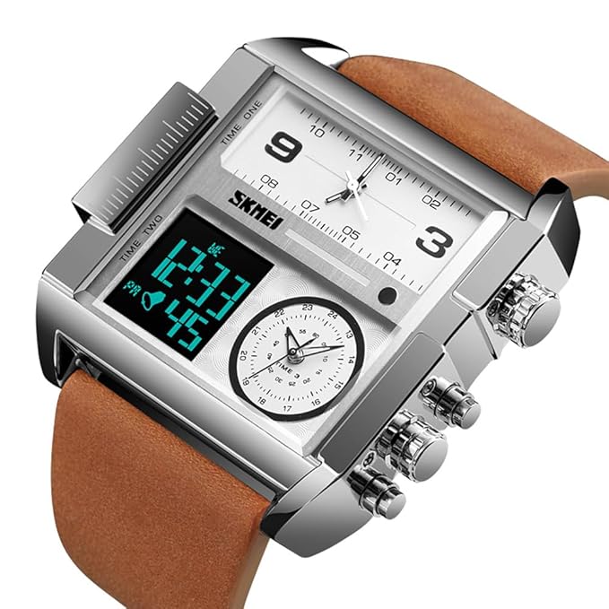 Multi Display Analog Digital Wrist Watch with Leather Strap For Men