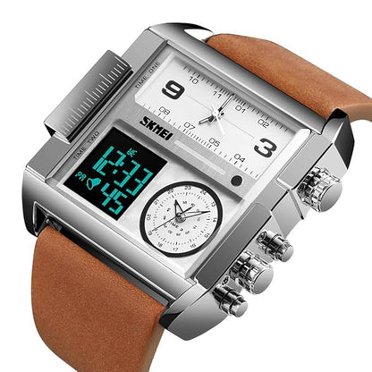 Multi Display Analog Digital Wrist Watch with Leather Strap For Men