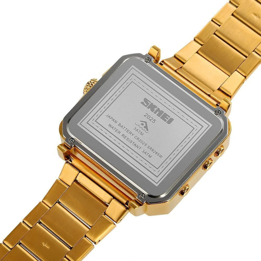 Dual Display Square Dial Wrist Watch with Metal Strap For Men