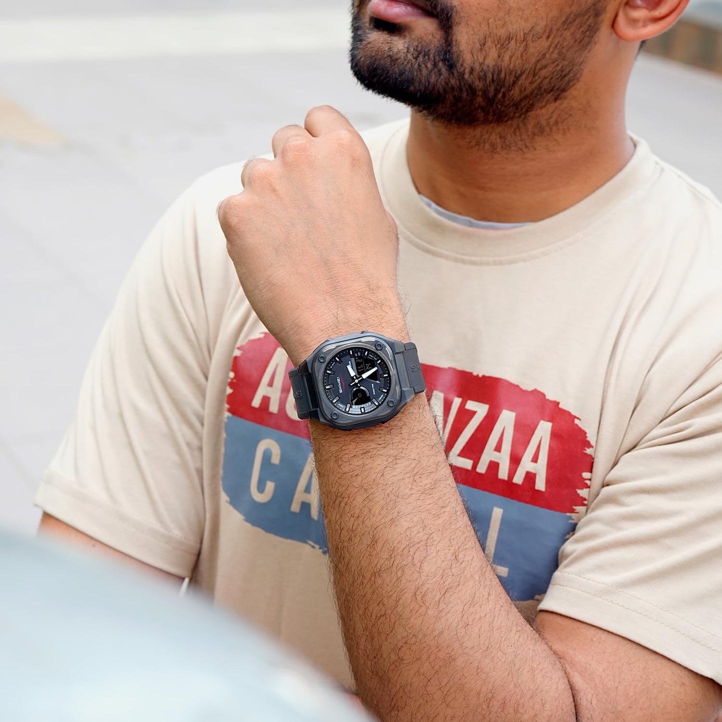 Rugged Analog Digital Sports Watch with Patterned Strap for men