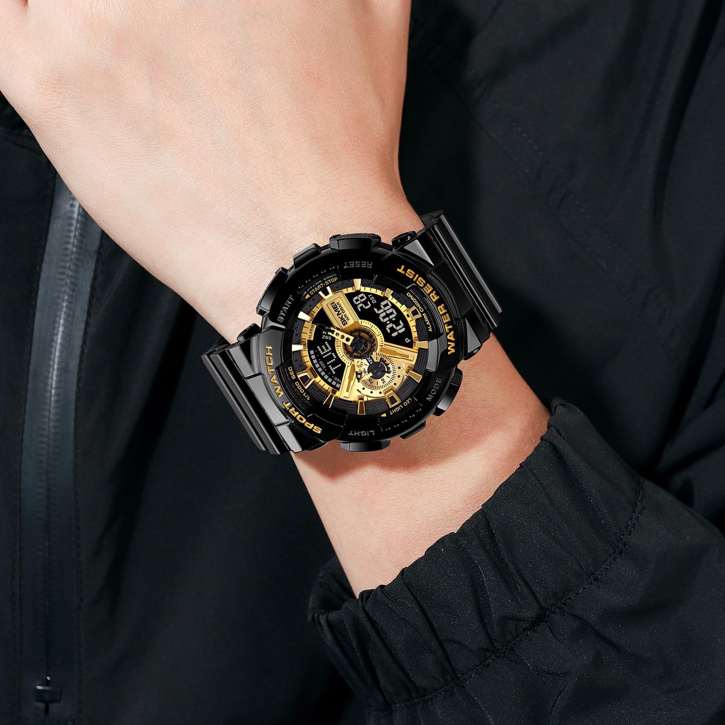 Men's Digital Sports Watch, LED Square Large Face Analog Quartz Wrist Watch with Multi-Time Zone Waterproof Stopwatch
