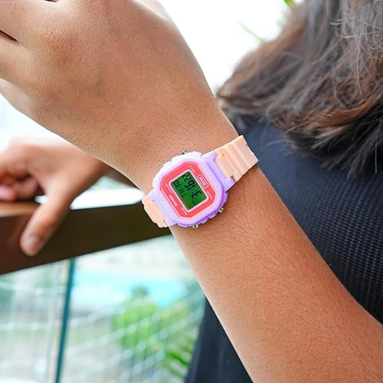 Digital Watch for Kids with Peach Silicone Strap and Round Dial for Casual & Formal Wear