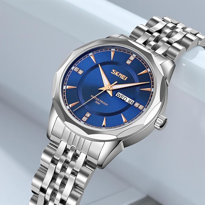 Minimalist Stainless Steel Watch with Date Week Display Simple dial Push-Button Clasp