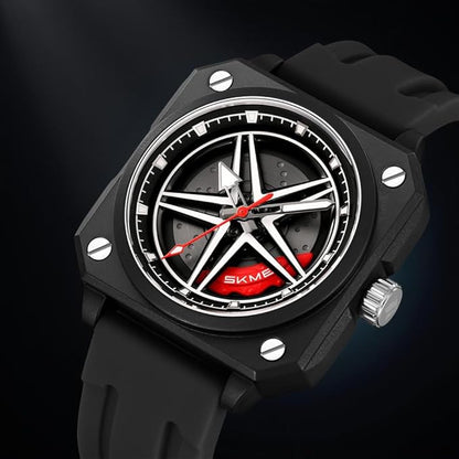 Silicone Men’s Analog Quartz Sports Watch Waterproof & Trendy Wheels Rolling Design