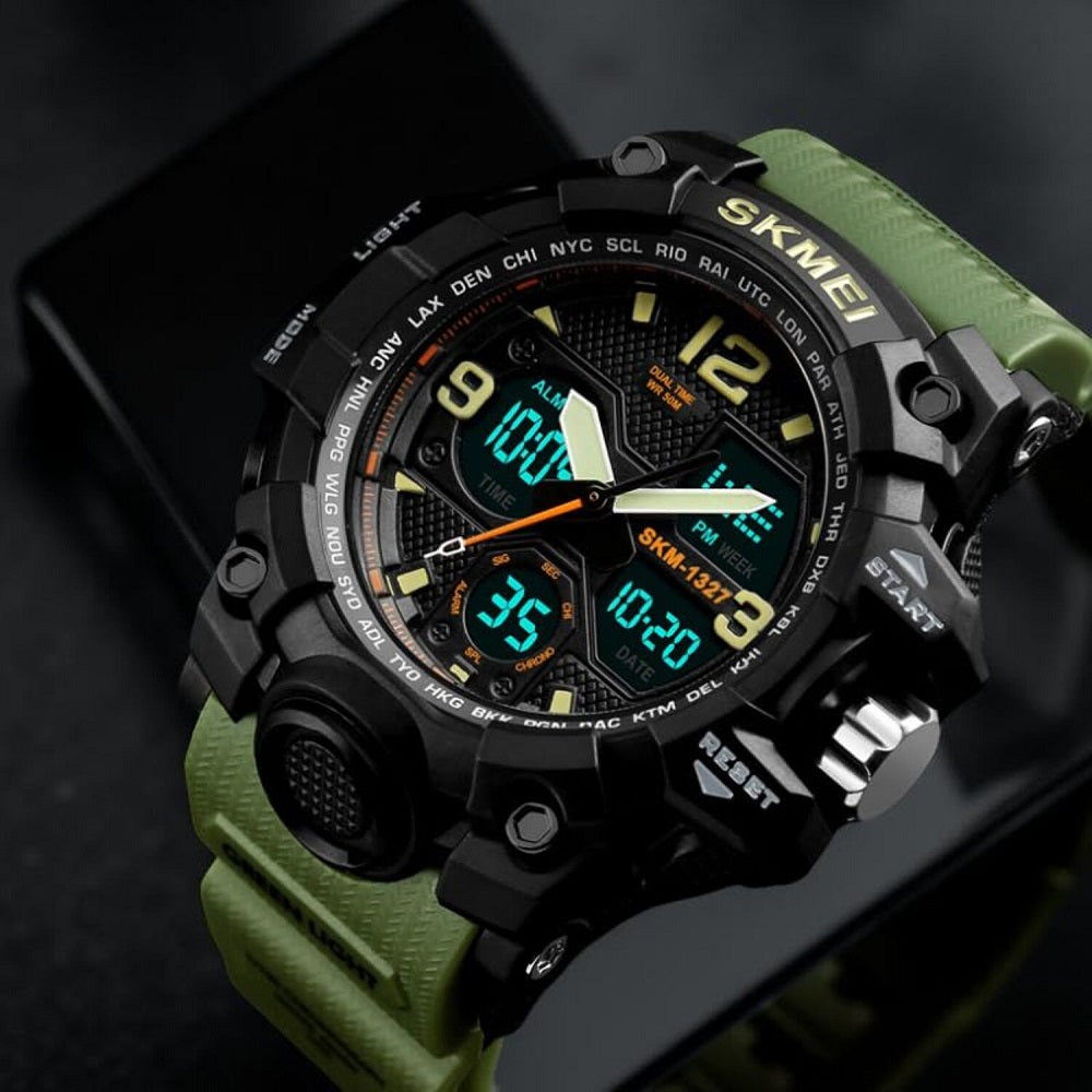 Dual Display Sports Wrist Watch with Rugged Design and Resin Strap For Men