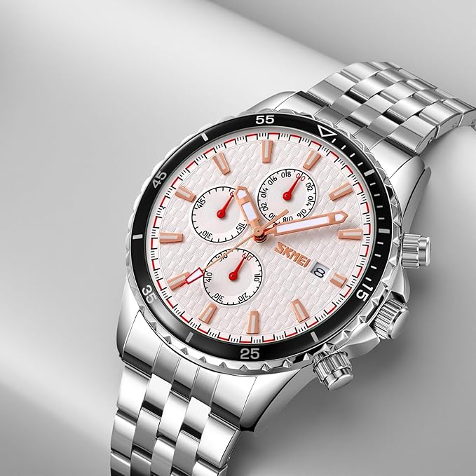 Men’s Analog Chronograph Watch with Date Display, Stainless Steel Strap, White Dial – Luxury Casual & Formal Wear