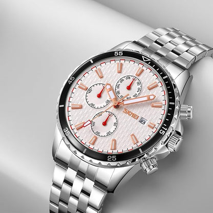 Men’s Analog Chronograph Watch with Date Display, Stainless Steel Strap, White Dial – Luxury Casual & Formal Wear