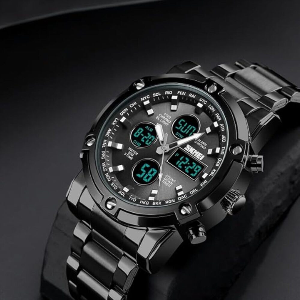 Luxury Analog Digital Stainless Steel Watch for Men with Dual Time Display and Premium Business Style