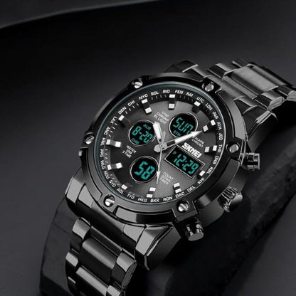 Luxury Analog Digital Stainless Steel Watch for Men with Dual Time Display and Premium Business Style