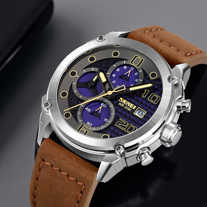 Premium Leather Chronograph Wristwatch with Textured Multi-Dial