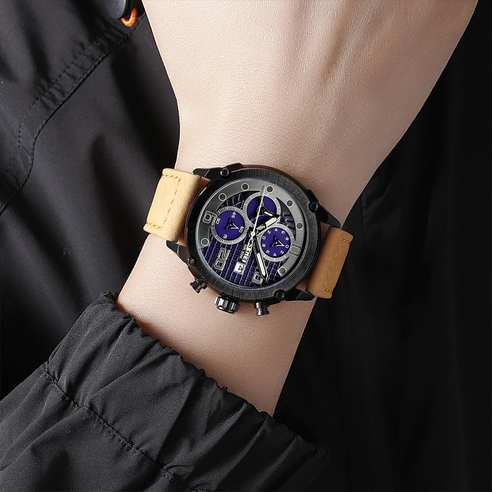 Premium Leather Chronograph Wristwatch with Textured Multi-Dial