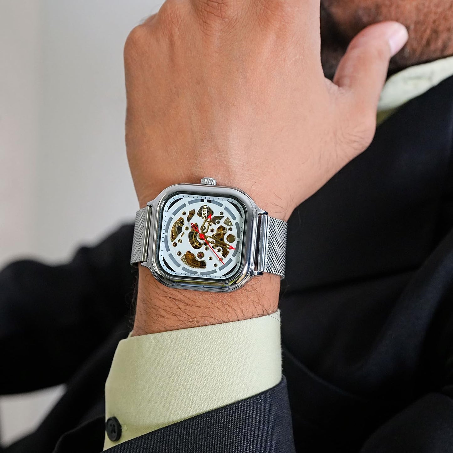 Skeleton Automatic Mechanical Watch for Men with Square Dial and Mesh Strap