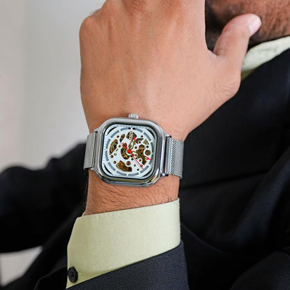 Skeleton Automatic Mechanical Watch for Men with Square Dial and Mesh Strap