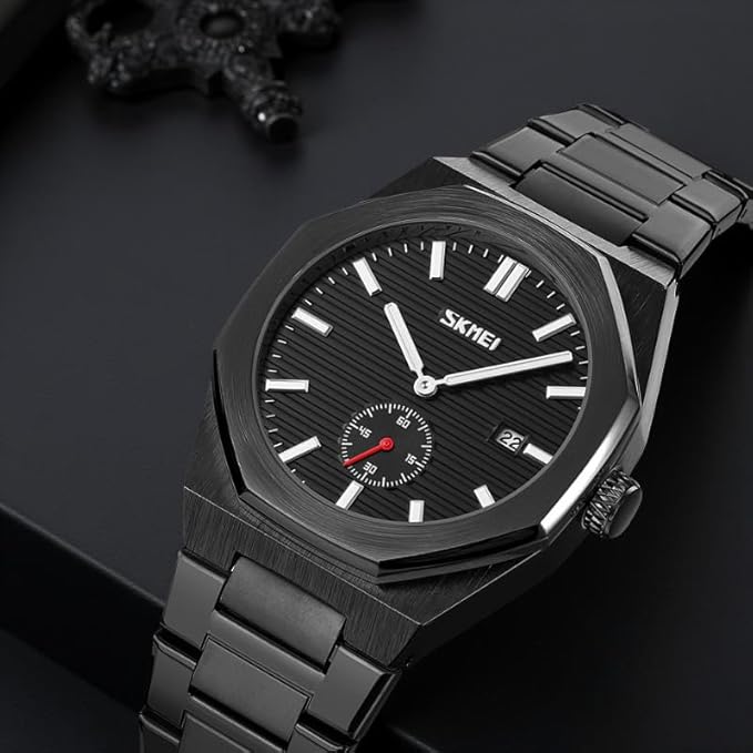 Premium Black Watch for Men – Stainless Steel Strap, Analog Dial with Date Function
